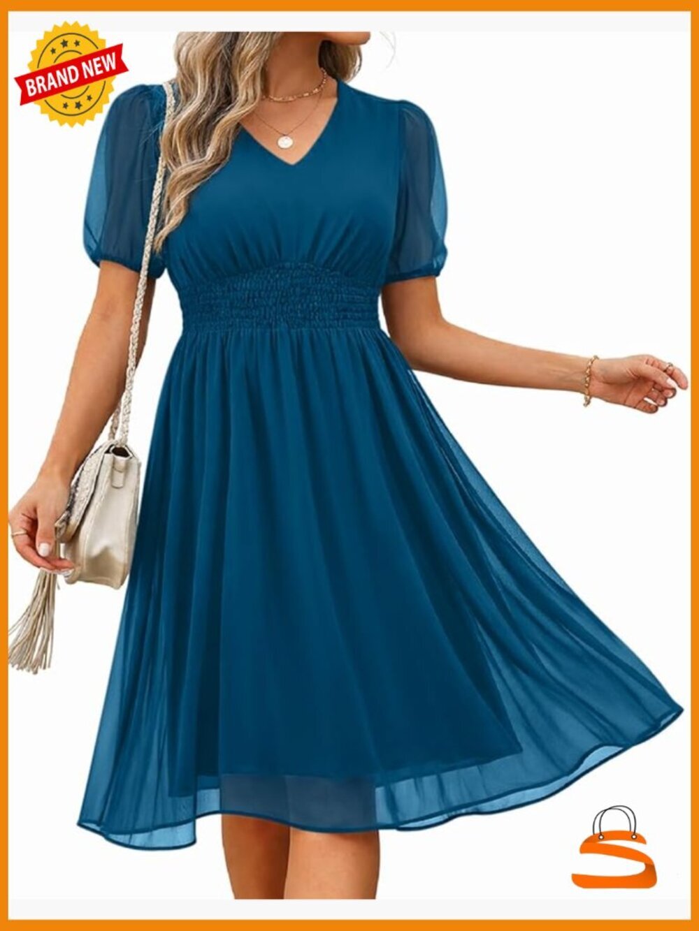 Women's Boho Floral V-Neck Short Sleeve Smocked Waist Chiffon Swing Knee Length